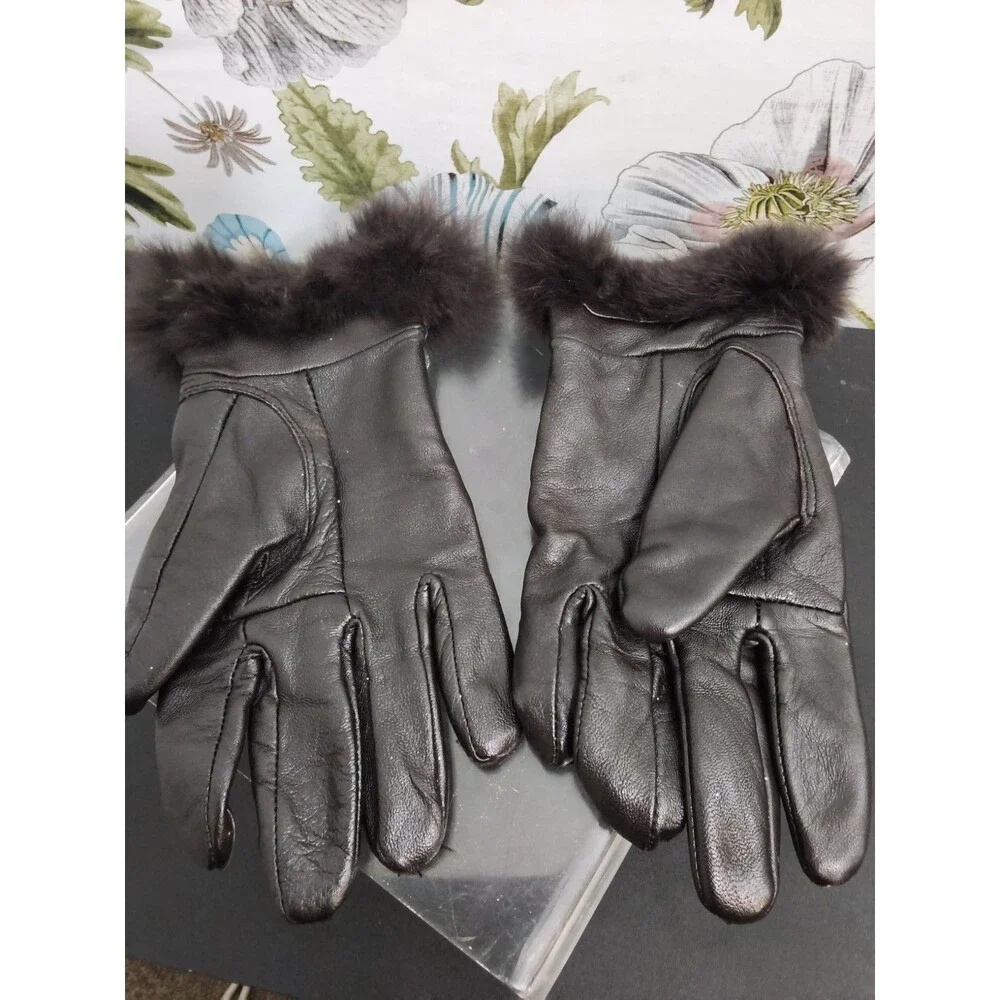 Women Leather Gloves with Fur Trim
